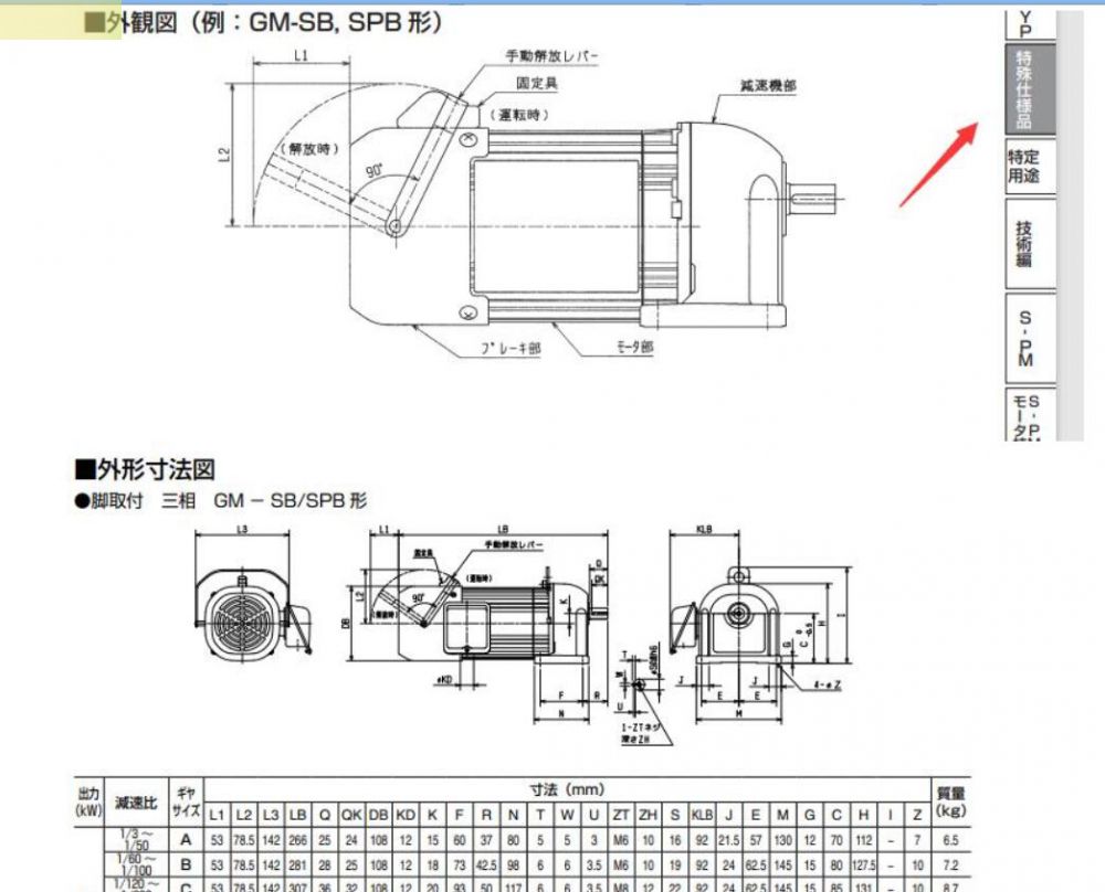 带手动释放装置的三菱减速机GM-SPB-0.75KW-4P-...